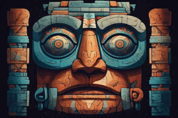 Colorato volto azteco statua illustrazione patrimonio etnico tradizionale storico centroamericano