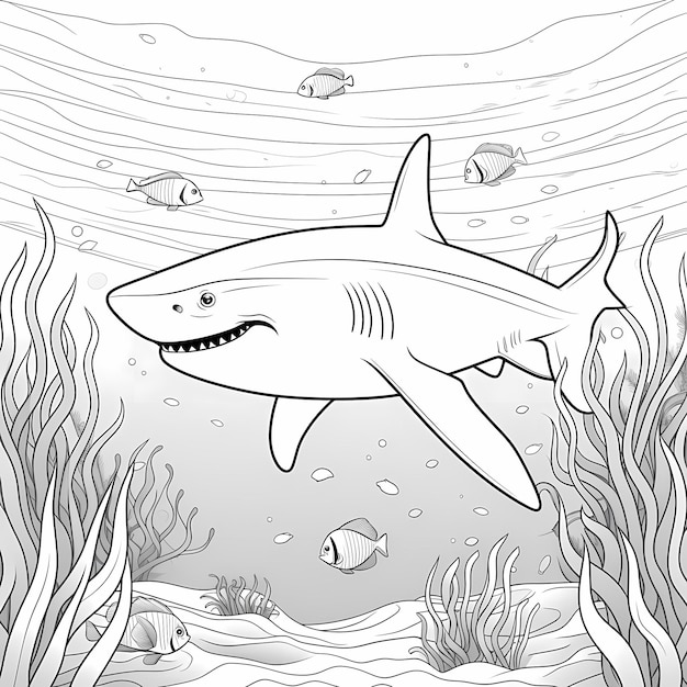 Coloratrici divertenti di uno squalo dei cartoni animati in acqua con linee spesse