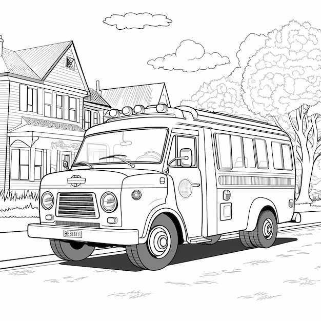 Colorazione divertente in bianco e nero in stile cartone animato per auto, libro da colorare, edizione ambulanza