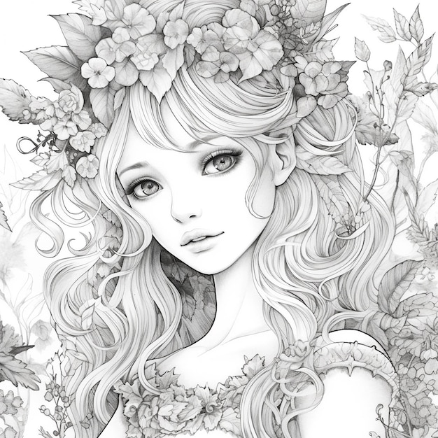 Colorazione Pagina Ragazza capelli ricci con illustrazioni floreali per bambini e adulti