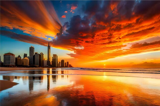 Colore arancione Tramonto sul fiume e sullo skyline della città