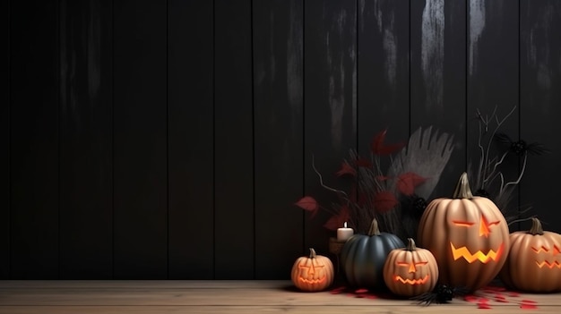 Colore arancione zucca 3d Halloween felice su sfondo nero con spazio per la copia del prodotto IA generativa