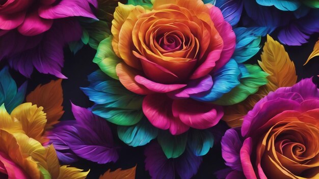 Colore arcobaleno creativo fatto di fiori e foglie colori al neon sfondo astratto