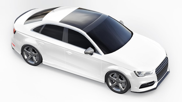 Colore bianco auto sportiva super veloce su sfondo bianco. Berlina a forma di corpo. La messa a punto è una versione di una normale auto di famiglia. rendering 3D.