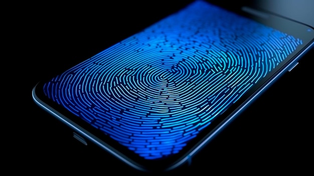 Colore blu dell'impronta digitale biometrica sul telefono IA generativa