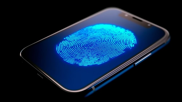 Colore blu dell'impronta digitale biometrica sul telefono IA generativa