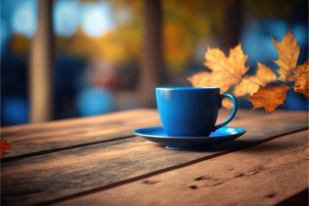 Colore blu della tazza di caffè sul tavolo di legno con sfondo autunnale sfocato Concepto di spazio vuoto per il prodotto pubblicitario Miglior IA generativa