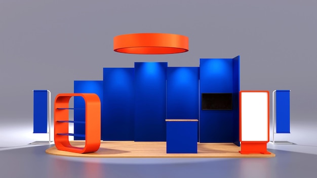 Colore blu e arancione Design del chiosco per esposizione di stand fieristici di commercio equo e solidale Rendering 3D