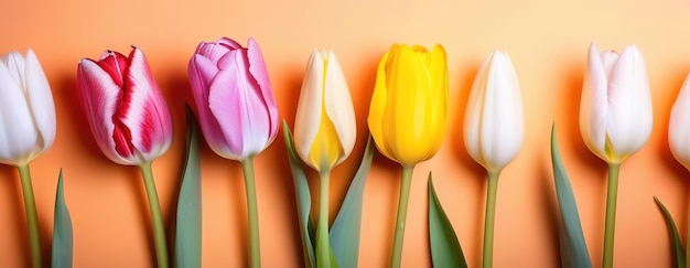 colore corallo chiaro pesca tulipani fiori bouquet bandiera primavera bandiera floreale spazio per testo copyspace