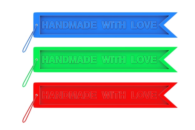 Colore Craft Tag con fatto a mano con amore segno e corda su sfondo bianco. Rendering 3D