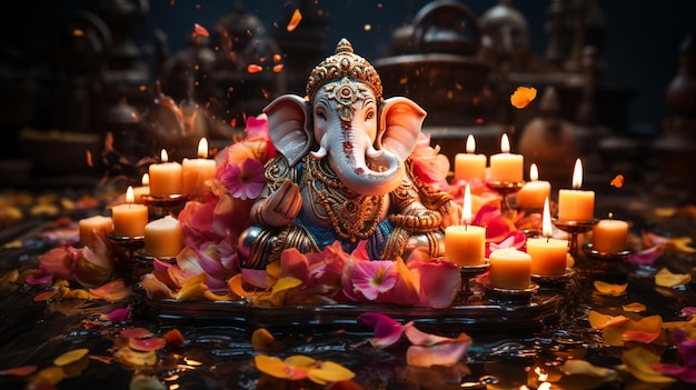 Colore dell'acqua Diwali Lampada a olio Ganesha Diwali su sfondo floreale