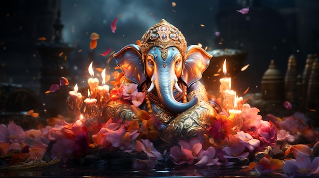 Colore dell'acqua Diwali Lampada a olio Ganesha Diwali su sfondo floreale