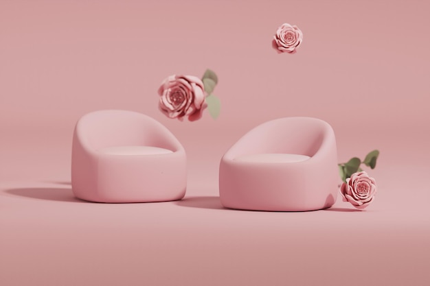 Colore di tendenza anno 2023 in studio. Interno della stanza in colore rosa pastello con fiori di rosa
