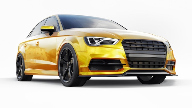 Colore giallo auto sportiva super veloce su sfondo bianco. Berlina a forma di corpo. La messa a punto è una versione di una normale auto di famiglia. illustrazione 3D.