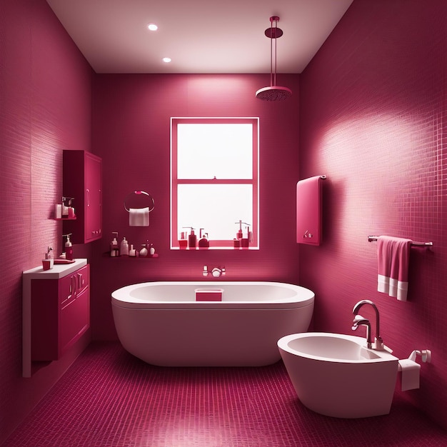 Colore interno bagno Viva Magenta dell'anno 2023. Modello moderno, colore bordeaux rosso cremisi.