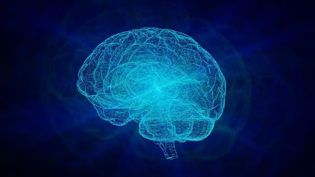 Colore Neon Wireframe Brain con centro luminoso su sfondo scuro