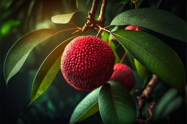 Colore succoso rosso litchi con foglie. IA generativa