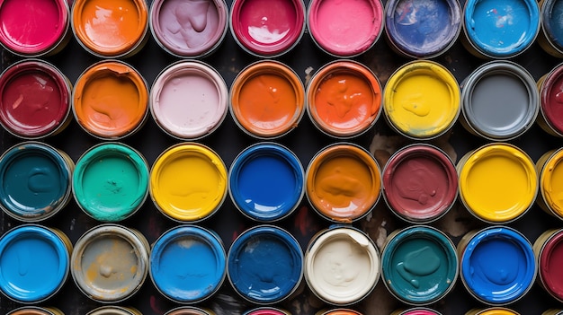 Colorful Array of Paint Cans Top View Creatività artistica e miglioramento della casa Fotografia concettuale