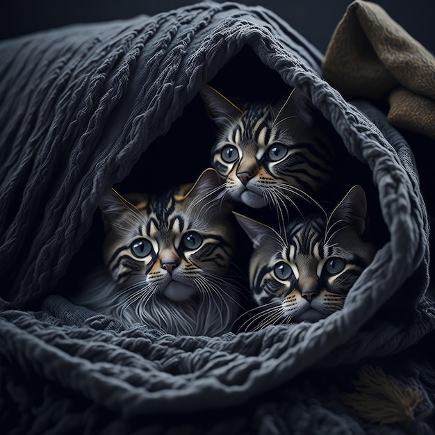 Colorful carino Gatti sotto una coperta in inverno Gatti nella stagione invernale