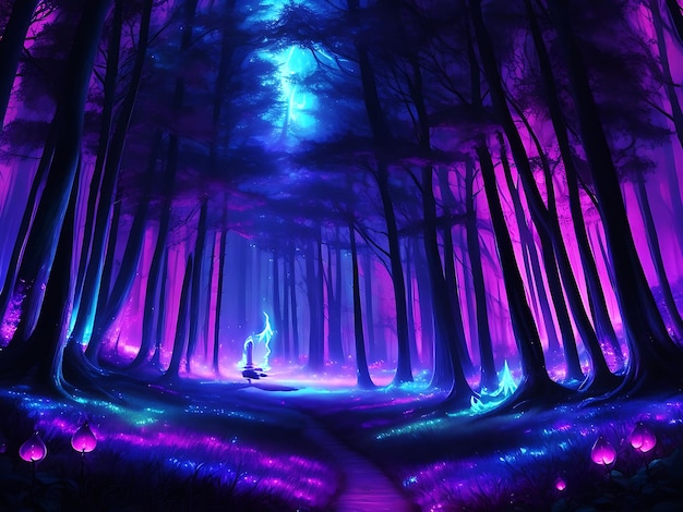 Colorful Dark Night Fiaba Fantasy Forest Landscape con magici bagliori AI generativa