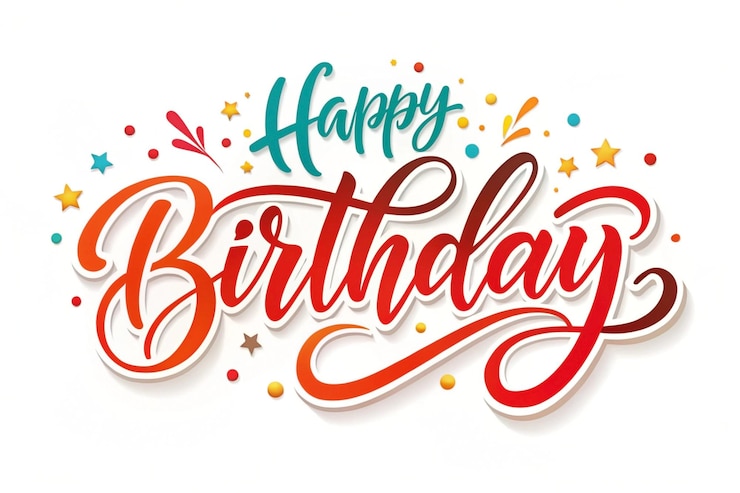 Colorful handlettered Happy Birthday with stars and confetti