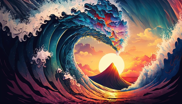 Colorful Ocean Wave Acqua di mare a forma di cresta Luce del tramonto e belle nuvole sullo sfondo Ia generativa