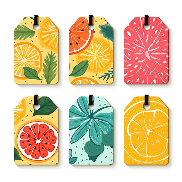 Colorful of Tropical Fruit Shop Tag Card Bamboo Tag Card Die Cut Shape v schizzo in acquerello