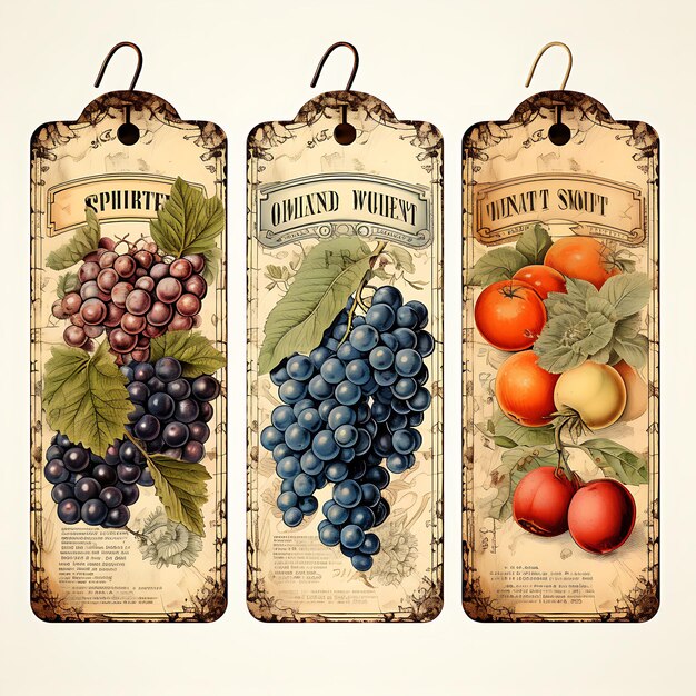 Colorful of Vintage Fruit Shop Tag Card Aged Parchment Tag Card Ornate S schizzo in acquerello