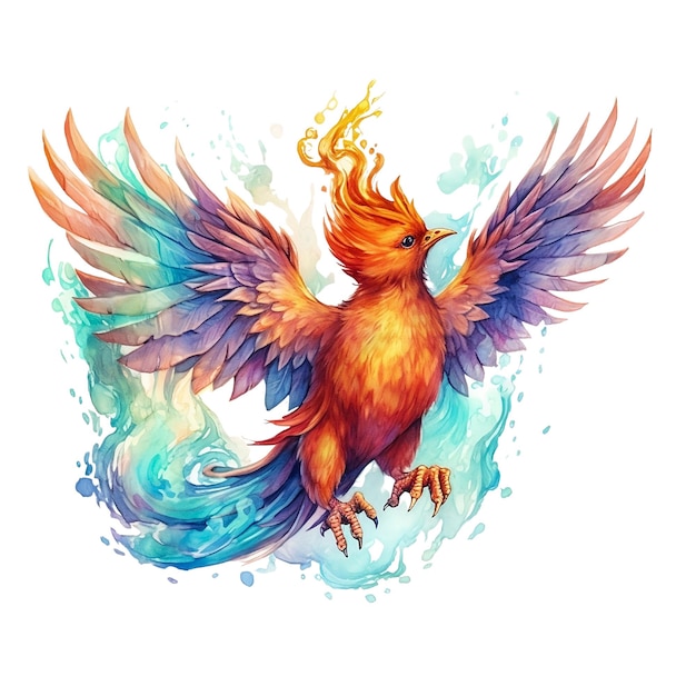 Colorful Young Mythical Phoenix Fagiano Uccello Stile di pittura ad acquerello _ai_generated