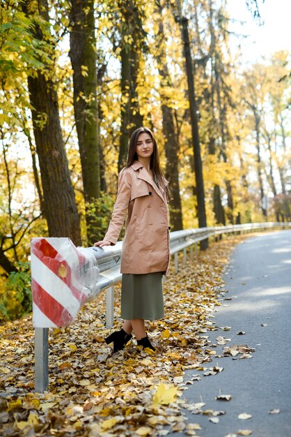 Colori autunnali. Bella donna in cappotto in posa nella foresta sul ciglio della strada