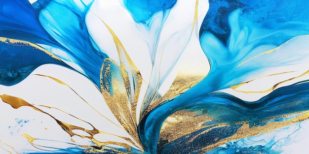 Colori blu e oro di struttura della pittura di arte fluida astratta