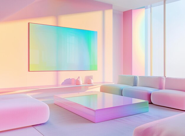 Colori di gradiente dell'arcobaleno interno del soggiorno schermo TV vuoto pareti pastello