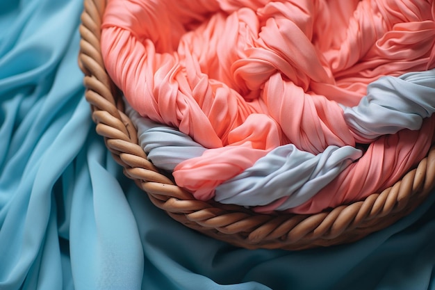 colori pastel tessuto di seta cesto corallo e blu