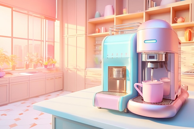Colori pastello arcobaleno macchina da caffè in cucina Illustrazione colorata Colori caramella IA generativa