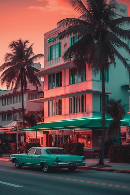 Colori vaporwave dell'appartamento del Miami Building generati dall'intelligenza artificiale