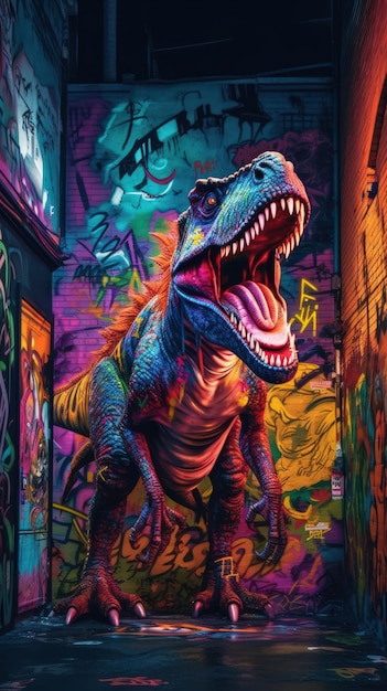 Colori vibranti simili a graffiti di un TRex contro un muro urbano scuro Generato dall'IA