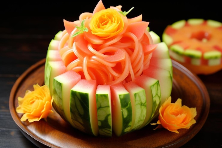Foto colori vivaci di melone con prosciutto di prosciutto e fotografia alimentare di melone