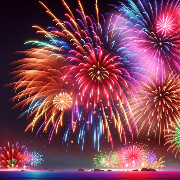 Colori vivaci illuminano lo spettacolo di fuochi d'artificio che esplode alla celebrazione della vigilia del Capodanno