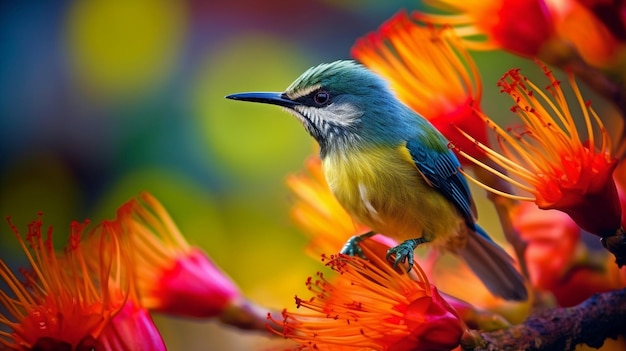 Colori vividi generati dall'intelligenza artificiale e uno scatto ultra macro di un uccello su un fiore aperto