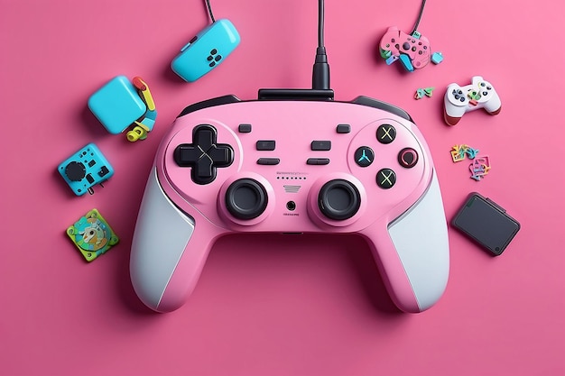 Colorose cuffie gamepad e console di gioco appese in aria su uno sfondo rosa rendering 3D