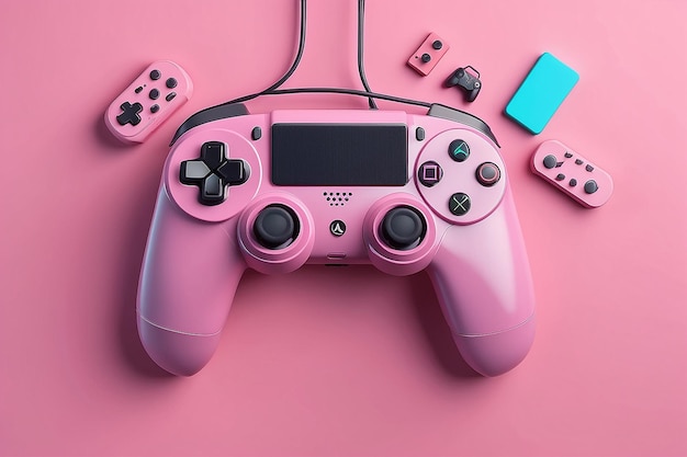 Colorose cuffie gamepad e console di gioco appese in aria su uno sfondo rosa rendering 3D