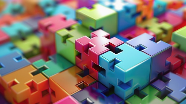 Colorosi pezzi di un puzzle 3D che si assemblano