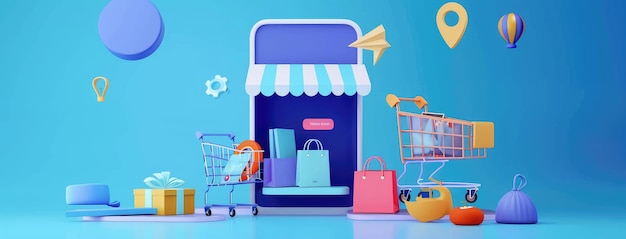 Coloroso concetto di shopping online con grafica 3D