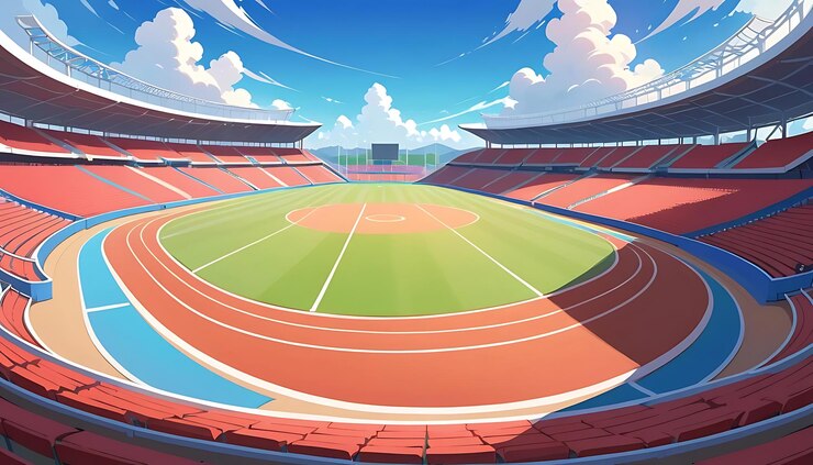 Coloroso stadio in stile cartone animato sotto una bellissima illustrazione del cielo