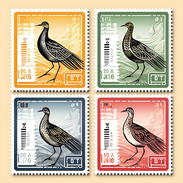 Coloroso un uccello corridore con un abito da corridore di maratona che indossa un'idea di collezione di francobolli per animali nubi