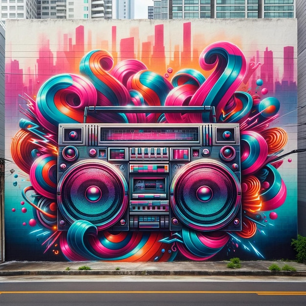 Colossal Retro Boombox Mural Neon Street Art