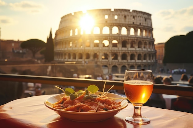 Colosseo Pasta Accogliente caffè a Roma che serve spaghetti con vista sull'iconico punto di riferimento al tramonto