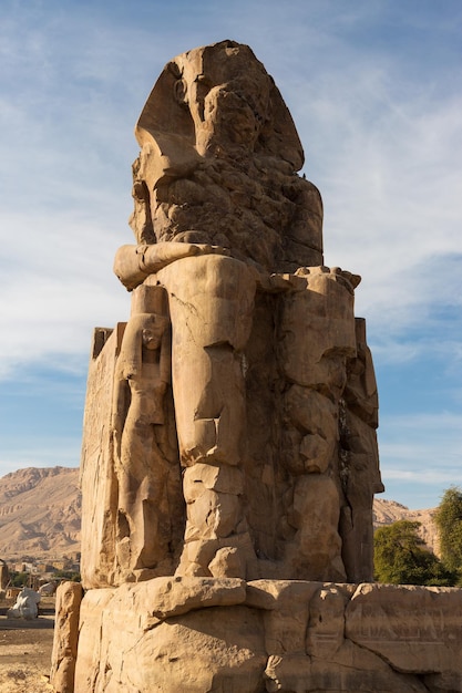 Colossi di Memnon Luxor Tebe sullo sfondo dell'alba in Egitto