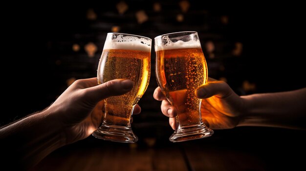 Colpi in primo piano di mani che tengono bicchieri da birra su sfondo bar sfocato Concetto di cibo e bevande AI generativo