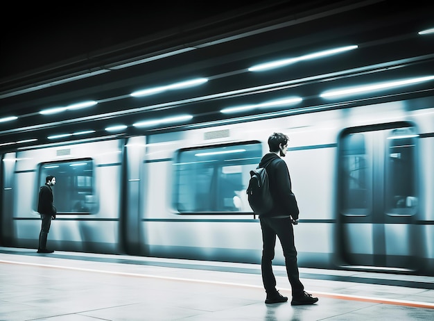 Colpo a lunga esposizione Lone Young Man at Subway Offuscata treno e passanti in movimento